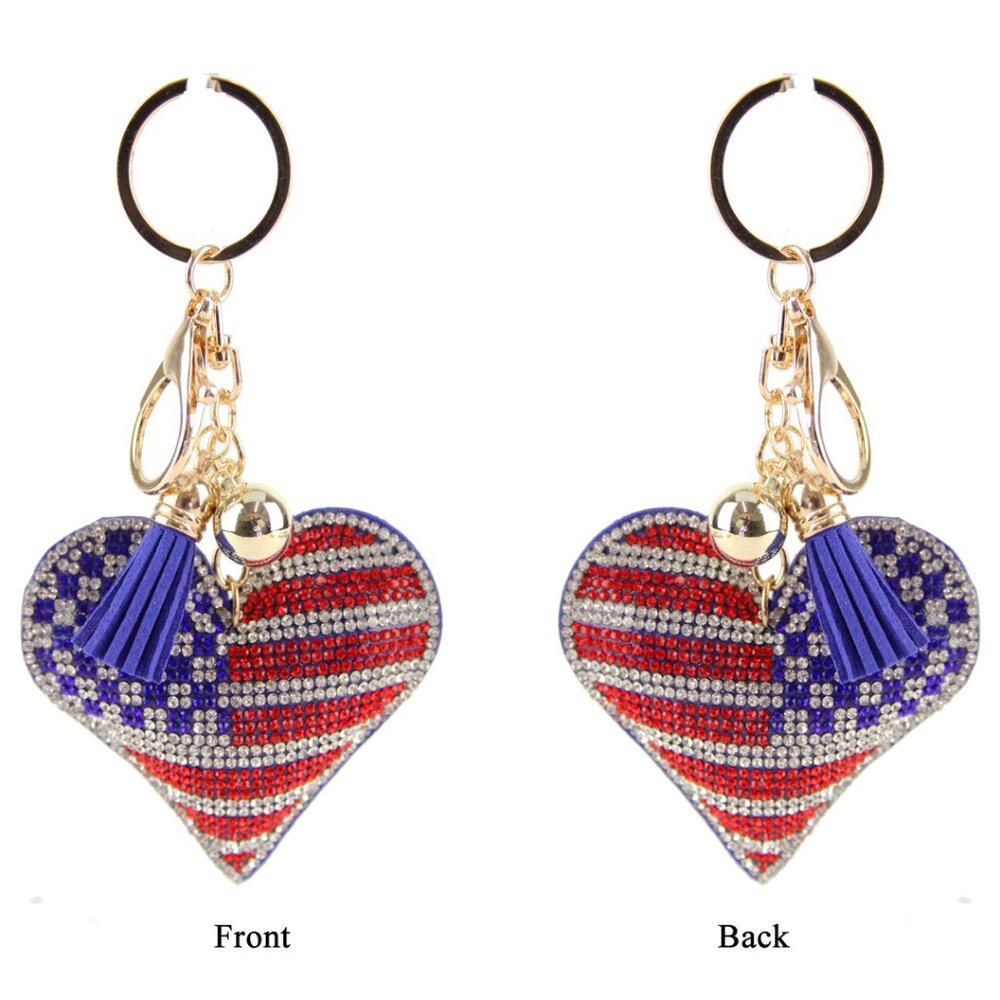 US Flag Heart Double Sided Rhinestones Keychain Charm for Purse and Backpack